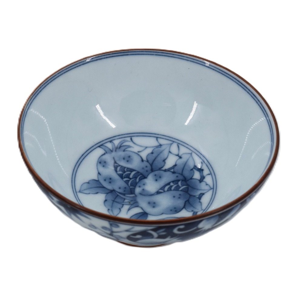 Vintage Seishu Rice Bowl Japan Blue White Excellent Pomegranate Floral Porcelain